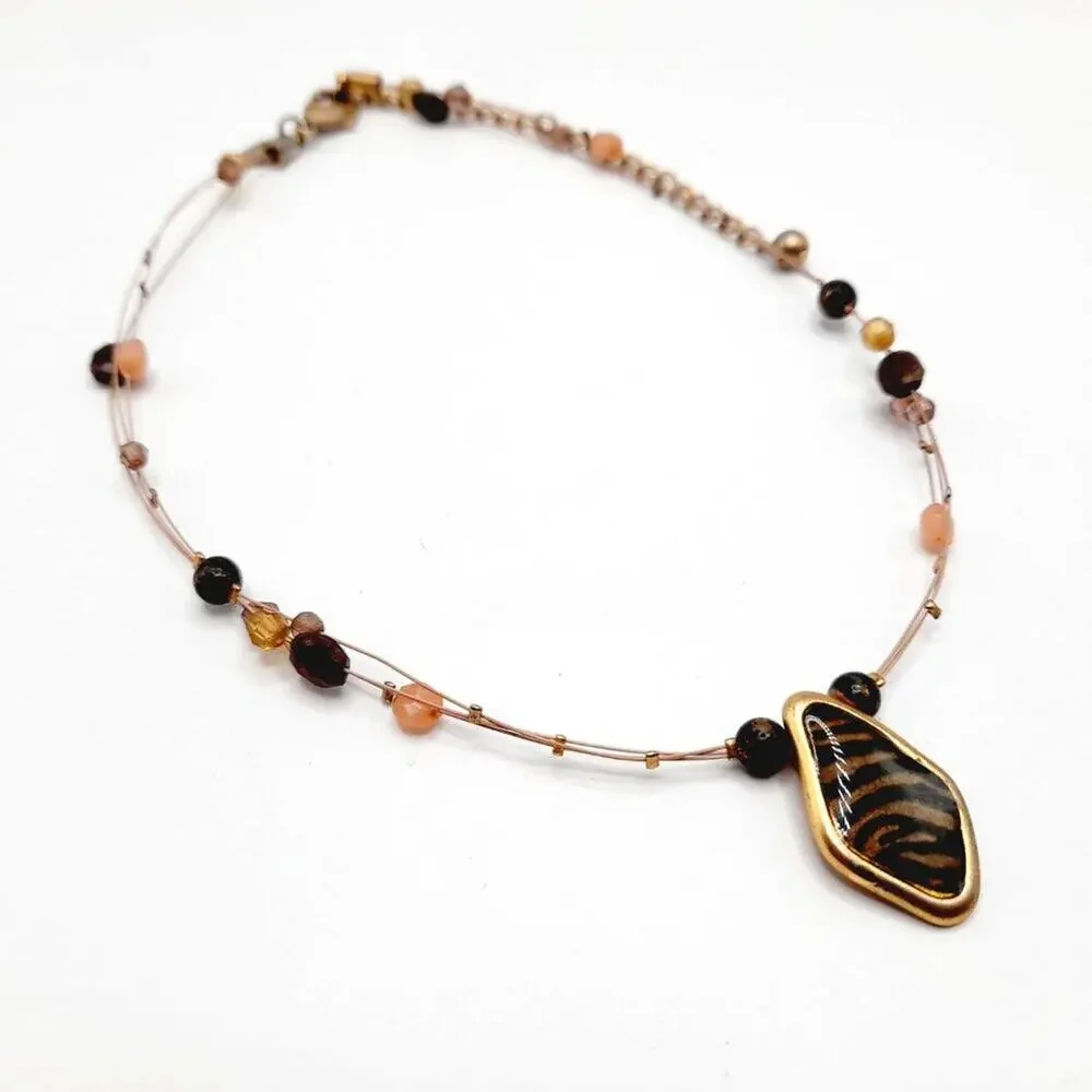 Vintage Chico's Animal Print Pendant Beaded Wire Necklace, 20 Inches